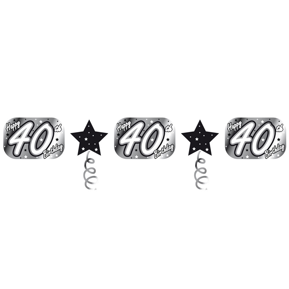 Black & Silver Embossed Foil Garland 40th Birthday Anniversary House Ltd
