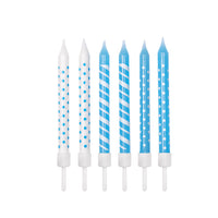 Polka-Dot & Candy-Cane Stripe Candles Light Blue & White with Holders