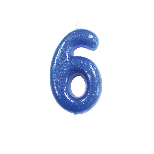 Age 6 Glitter Numeral Moulded Pick Candle Blue