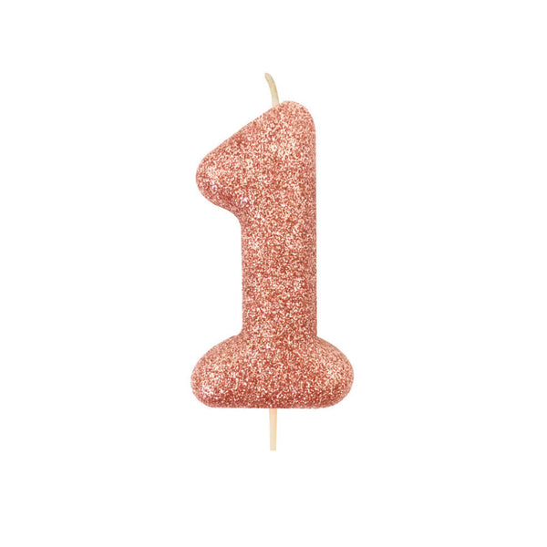 Age 1 Glitter Numeral Moulded Pick Candle Rose Gold