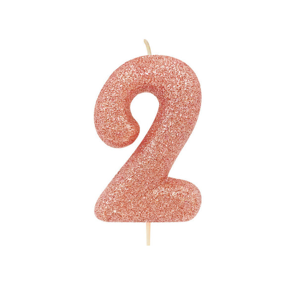 Age 2 Glitter Numeral Moulded Pick Candle Rose Gold