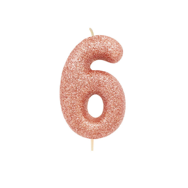 Age 6 Glitter Numeral Moulded Pick Candle Rose Gold