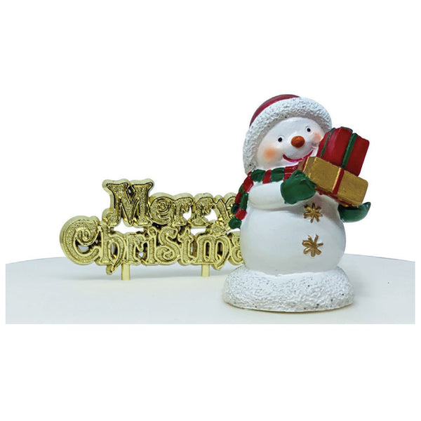 Sweet Snowman Resin Cake Topper & Gold Merry Christmas Motto Luxury Boxed