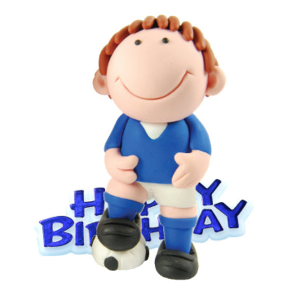 Blue Footballer Resin Cake Topper & Blue Happy Birthday Motto